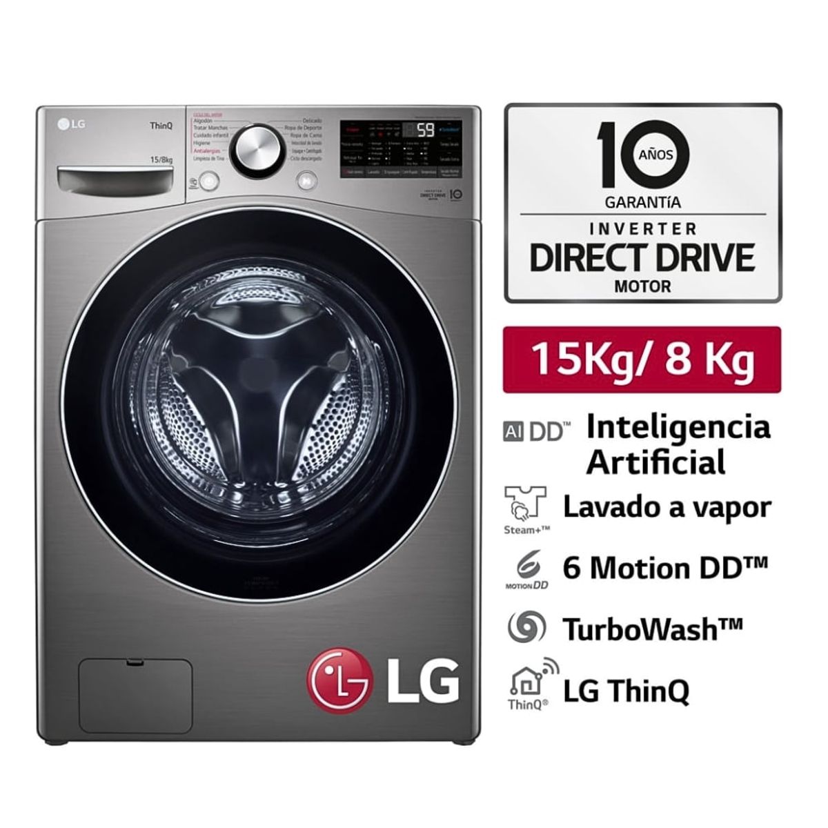 LG - Lavaseca LG 15kg8 Kg Ai Dd Carga Frontal WD15EG2S Plateado Oscuro