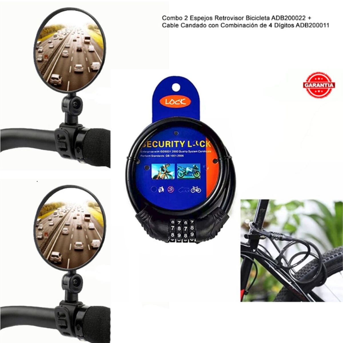 GENERICO - Combo 2 Espejos Bicicleta ADB200022+Candado 4 Dígitos ADB200011