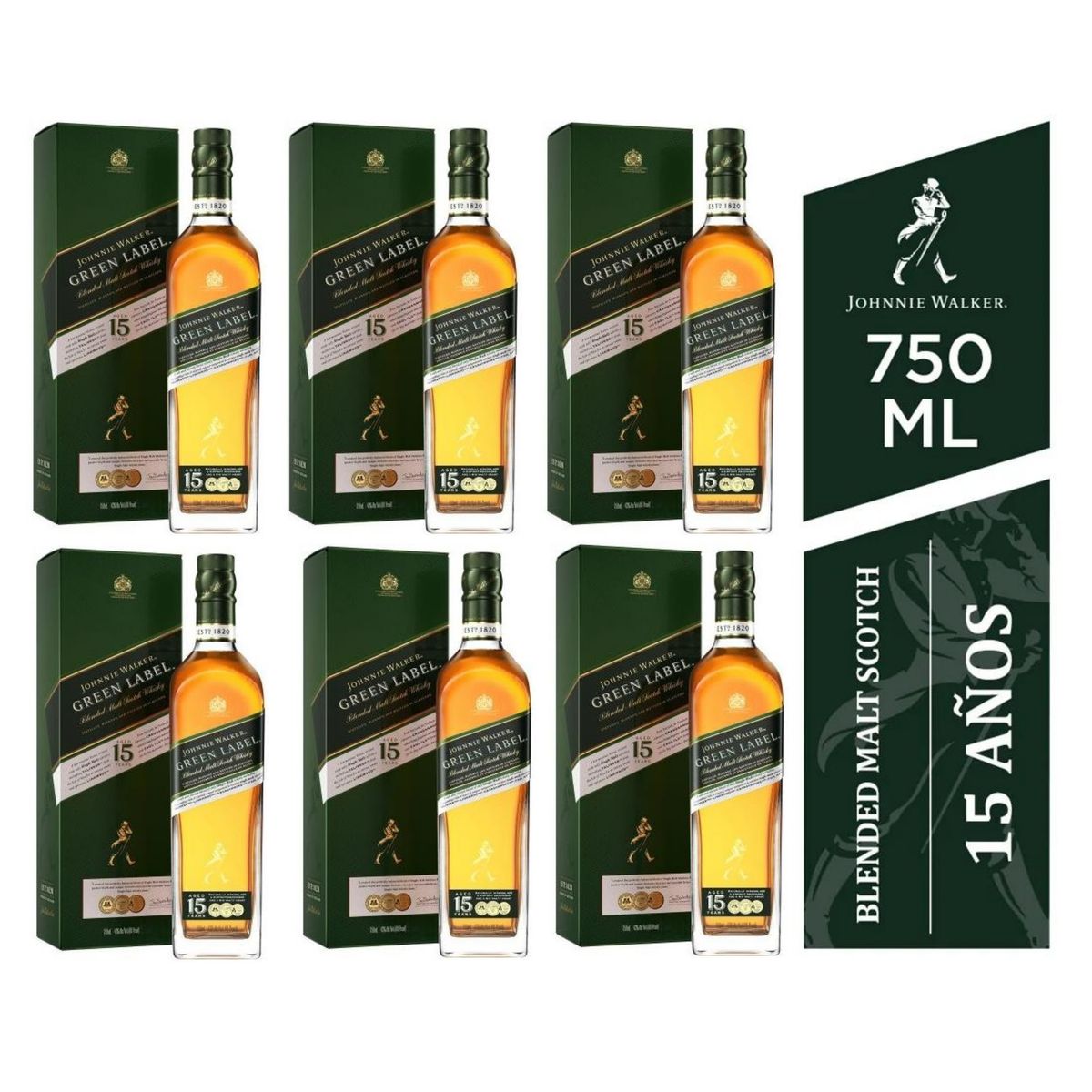 JOHNNIE WALKER - Whisky Jhonny Walker Green Label Botella 750 ml - 6 UND