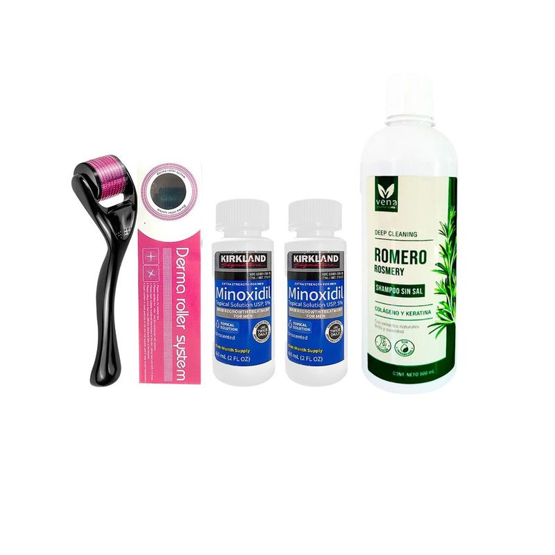 KIRKLAND - Minoxidil Líquido 2 Uni + Derma Roller 050mm + Shampoo Romero 500ml