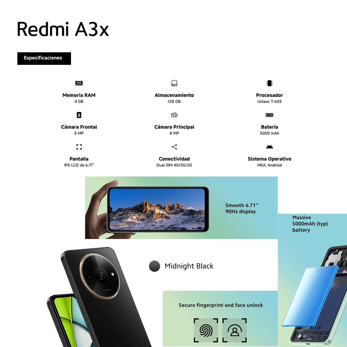REDMI - XIAOMI REDMI A3X 4GB RAM 128GB COLOR NEGRO OCASO CON ESTUCHE RANGER  DE REGALO