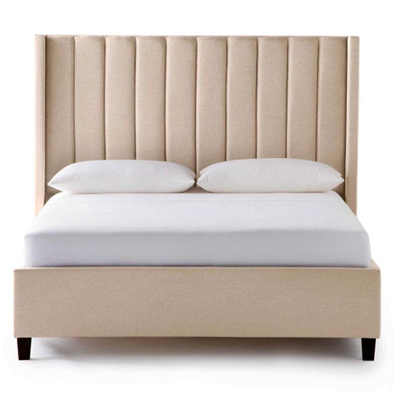 GENERICO - Cama Tapizada Listón con Patas de Madera 2 Plazas Beige
