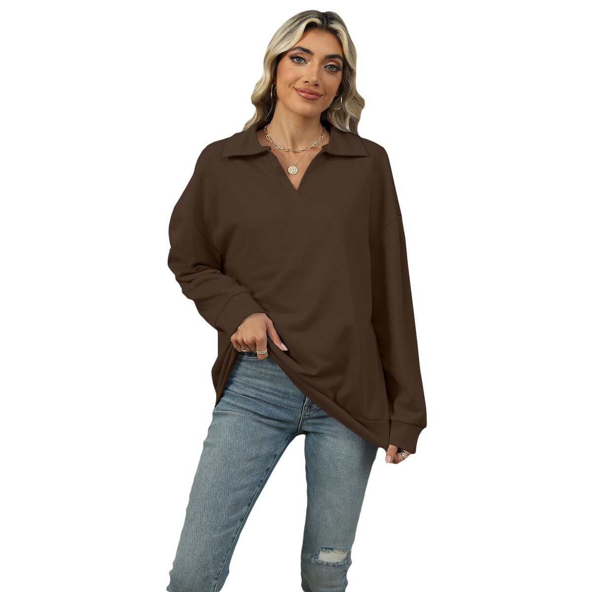 BLWOENS - Camiseta de manga larga de primavera y otoño para mujeres - Marrón