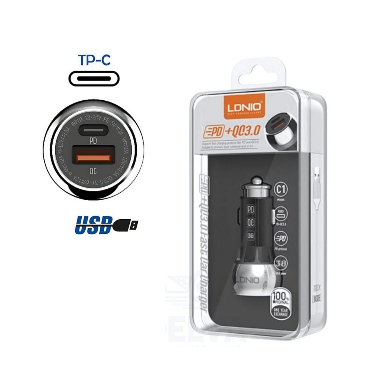 LDNIO - Cargador de Auto LDNIO 3.0 USB a Tipo C 38W - C1