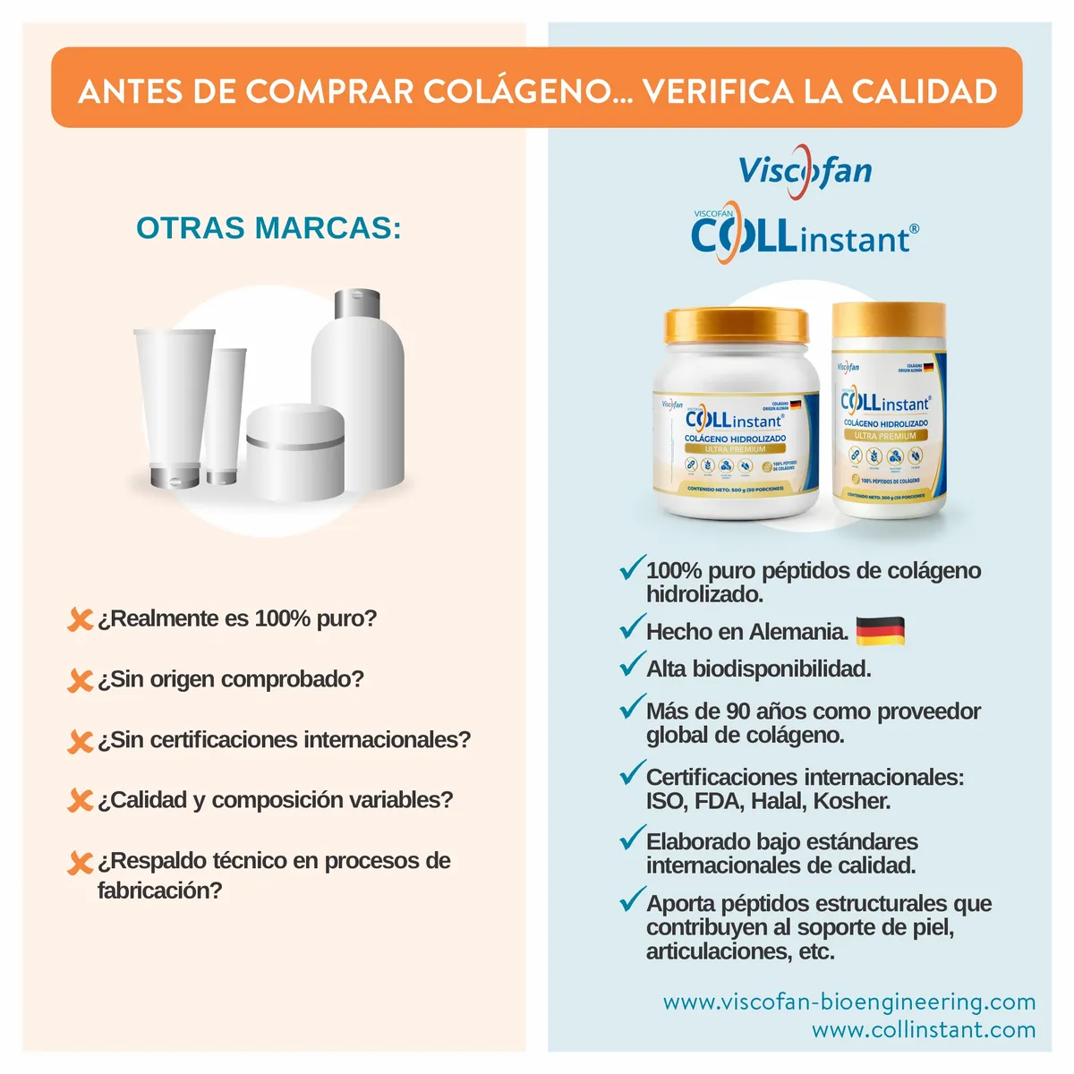 VISCOFAN COLLINSTANT - Colágeno Hidrolizado Alemán Ultra Premium 100% Puro Viscofan COLLinstant® 300g Péptidos de Alta Biodisponibilidad