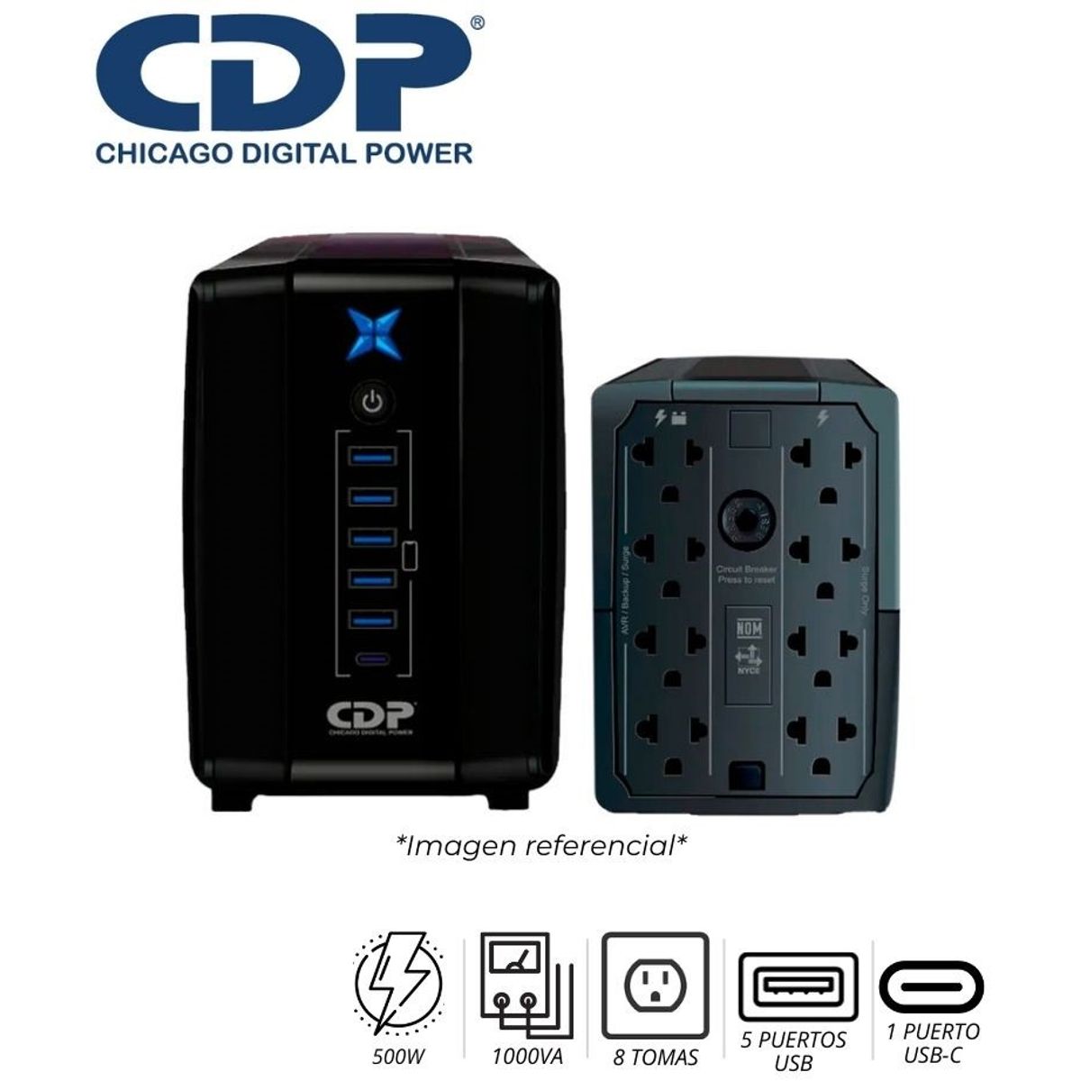 CDP - UPS CDP R-UPR1008I 1000VA/500W 8 SALIDAS 5 PORT USB / AUT 40 MIN NEGRO