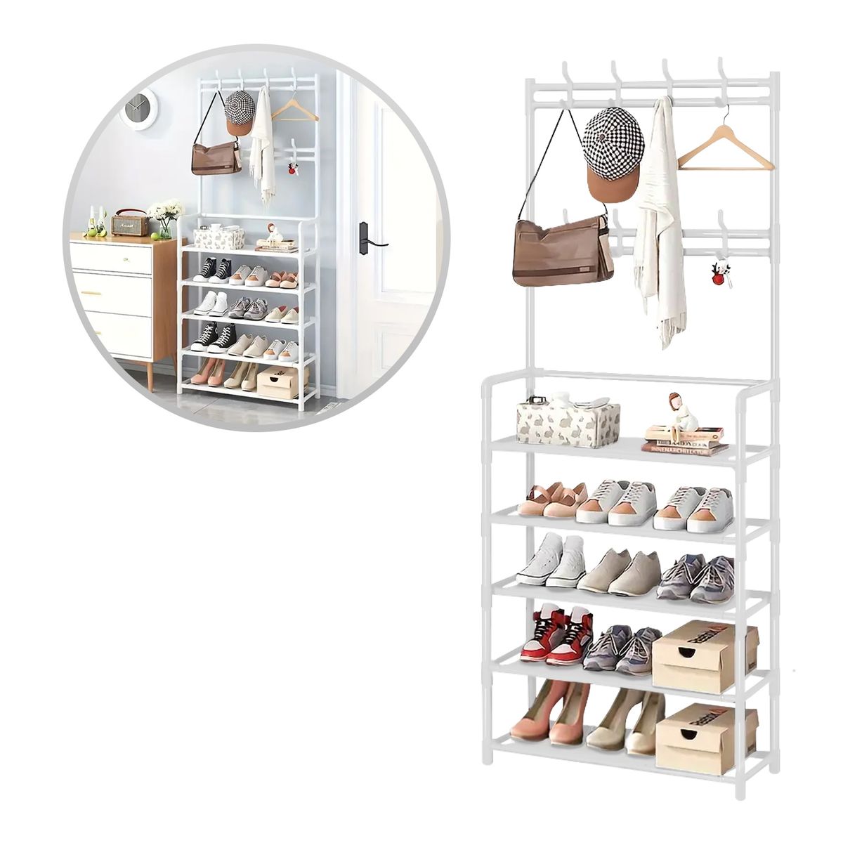 BUYPAL - Estante de Zapatos con Perchero 5 niveles Gran Capacidad Blanco