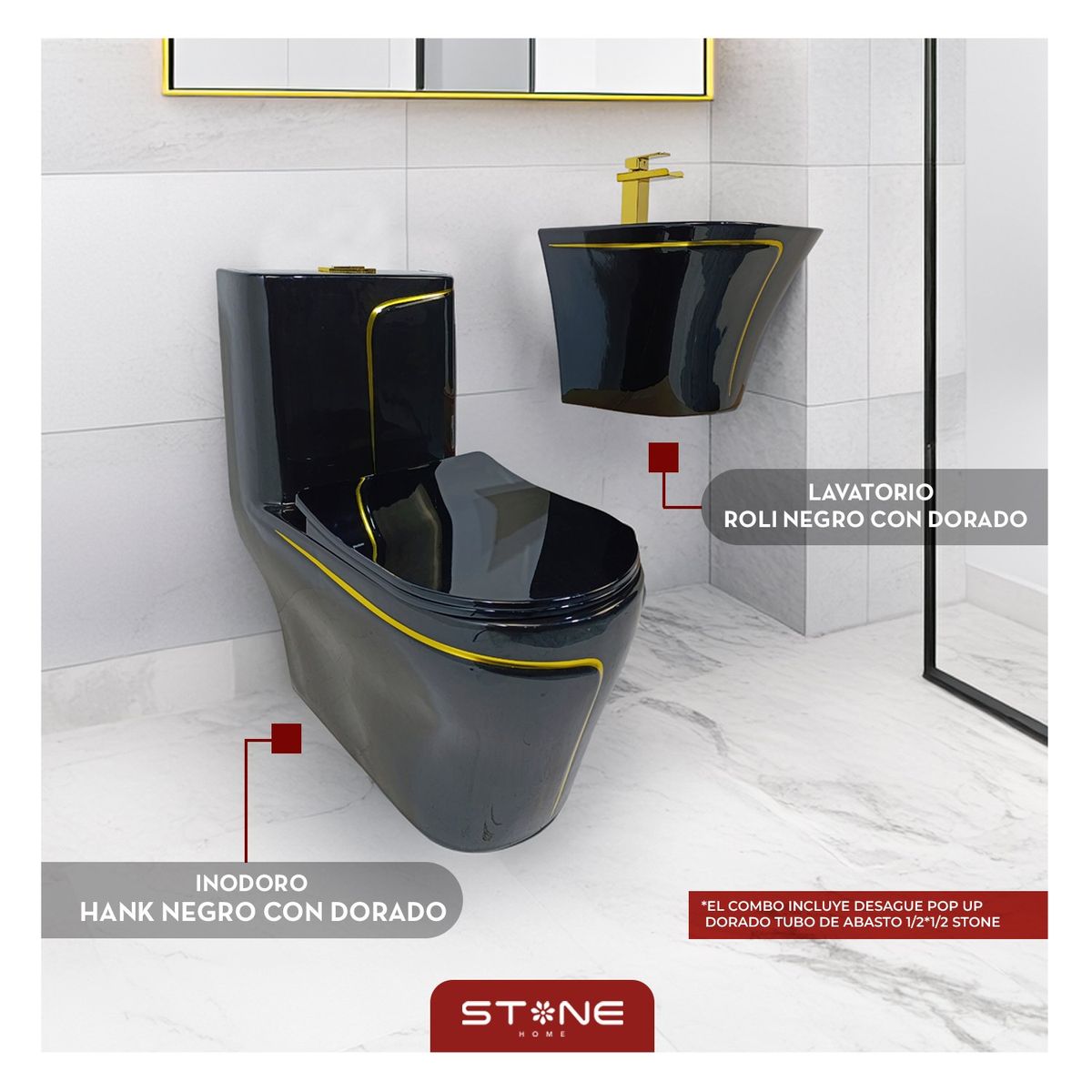 STONE - COMBO HANK REDONDO NEGRO CON DORADO + ROLI NEGRO C DORADO-STONE