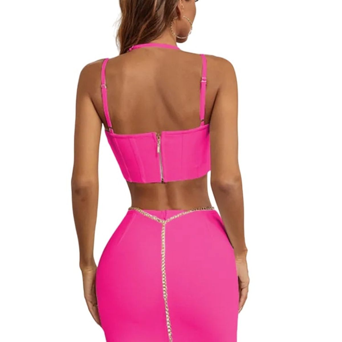 GENERICO - Conjunto Top Falda Fucsia Sexy Fiesta Ed Limitada Con Cadena Genieka