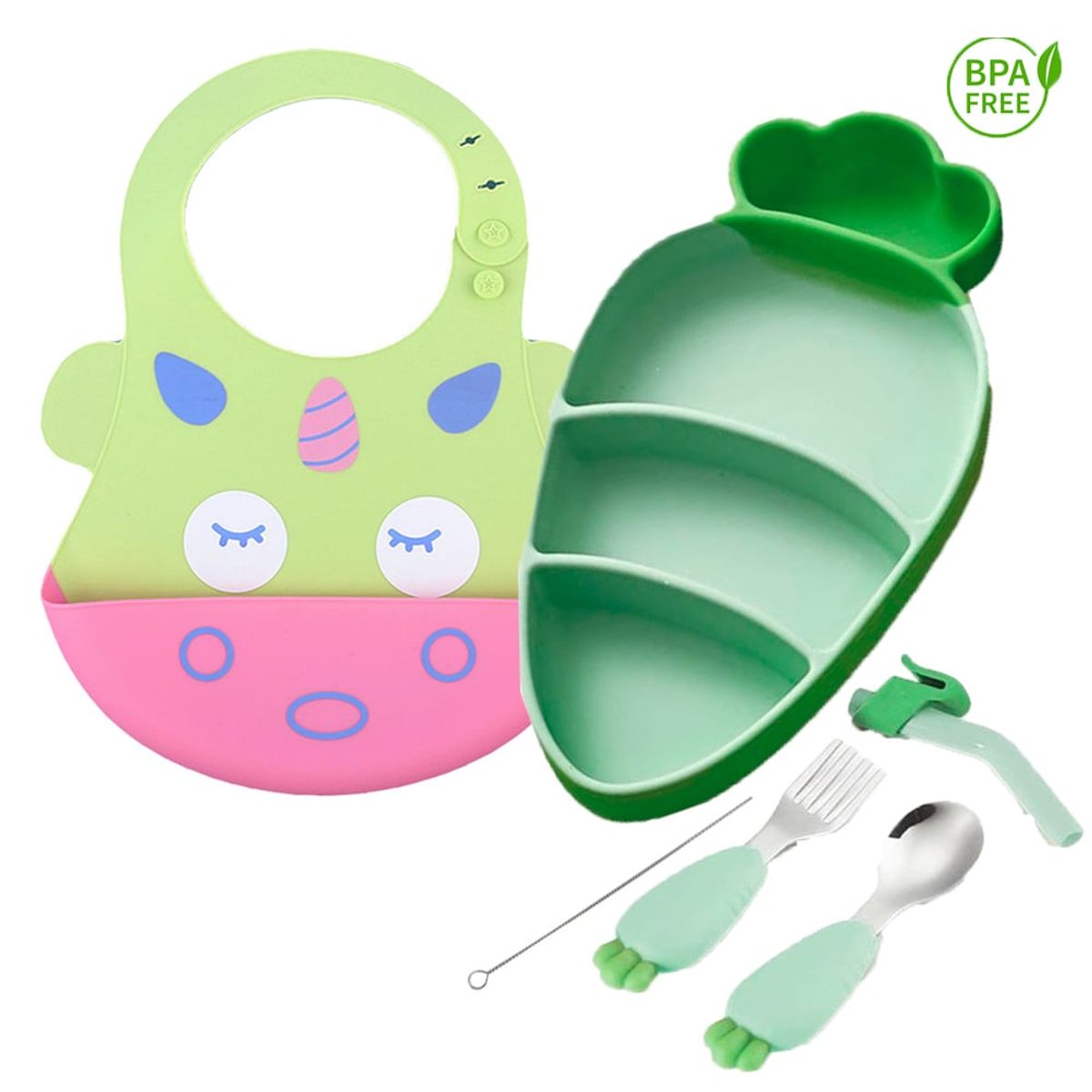 GENERICO - Pack Babero Unicornio y Set Plato Zanahoria Verde para bebe
