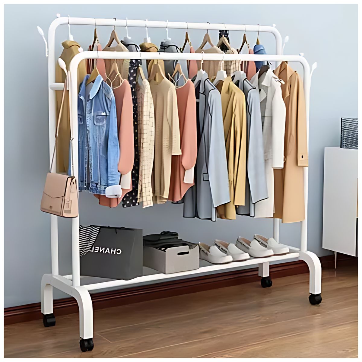 GENERICO - Colgador Perchero de Metal con Ruedas con Doble Organizador Blanco