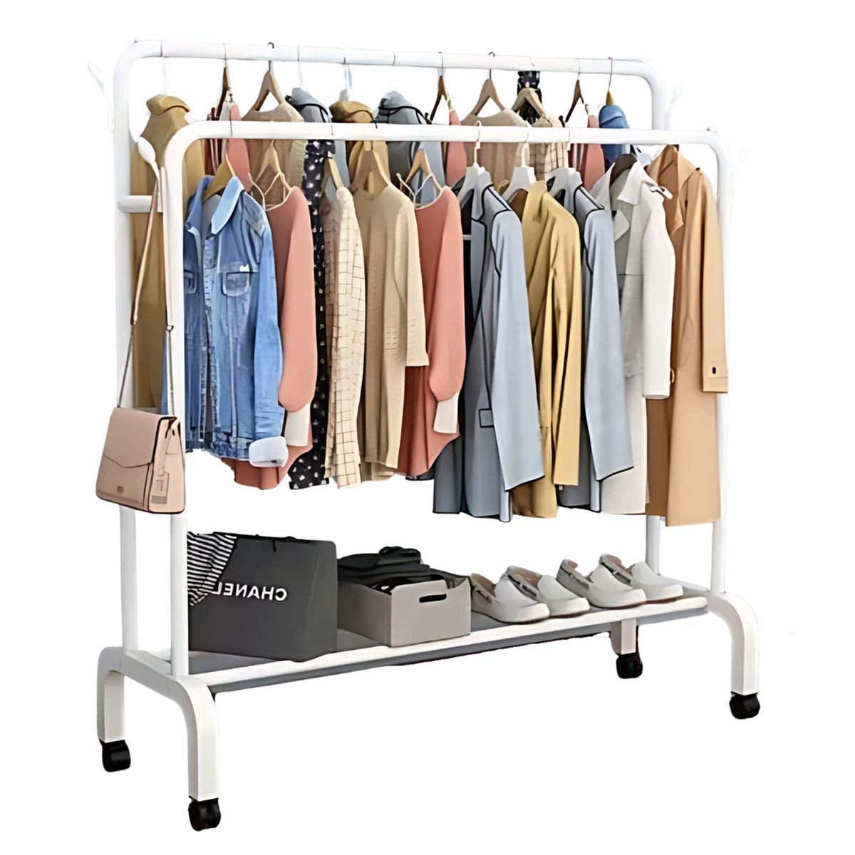 GENERICO - Colgador Perchero de Metal con Ruedas con Doble Organizador Blanco