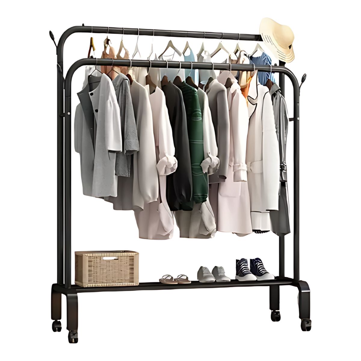 GENERICO - Colgador Perchero de Metal con Ruedas con Doble Organizador - Negro - M