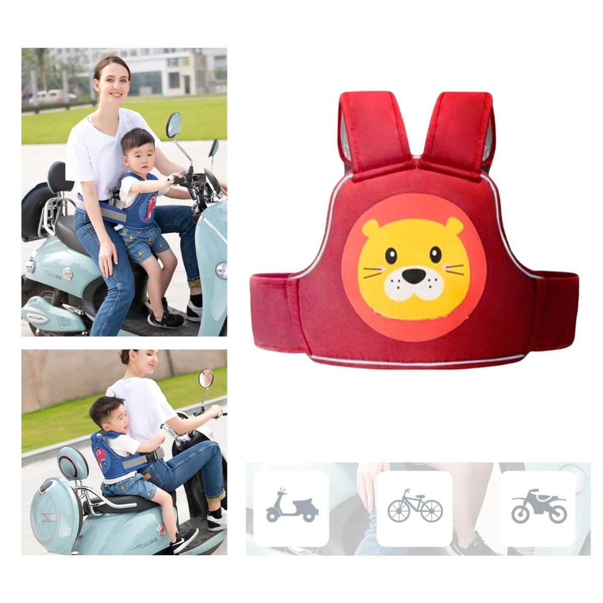 GENERICO - CINTURON DE SEGURIDAD DE MOTO PARA NIÑOS M1 ROJO VINO