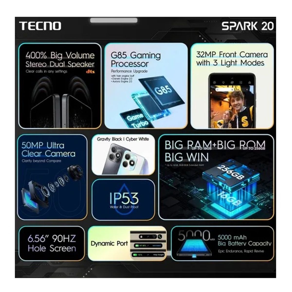 TECNO MOBILE - SMARTPHONE TECNO MOBILE SPARK 20 KJ5 256GB ROM+ 16GB RAM EXTENDIDA (8GB +8GB RAM ) GRAVITY BLACK