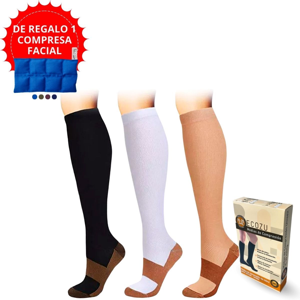 GENERICO - Medias de compresion talla XXL pack de 3 pares Negro, Blanco, Beige