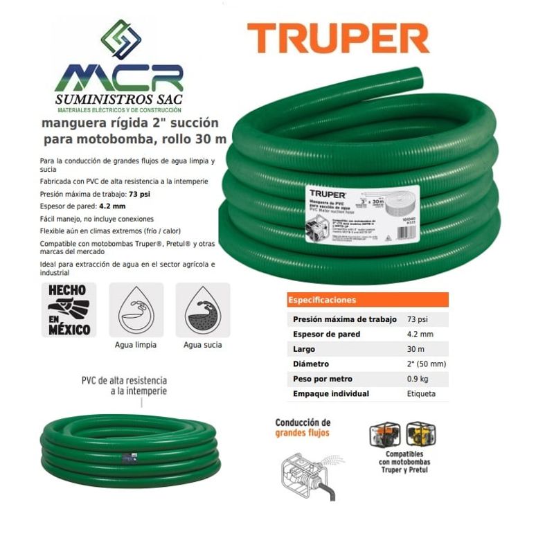 TRUPER - Manguera para motobomba rígida 2 succión motobomba rollo 30m TRUPER