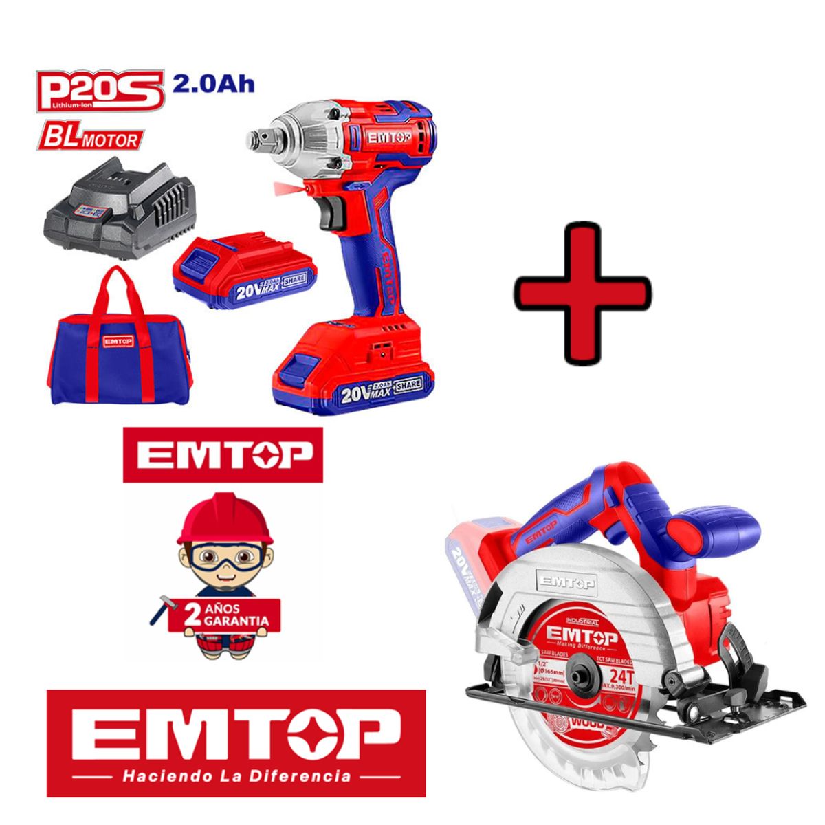 EMTOP - LLAVE DE IMPACTO 1/2" 20V  INC 2 BAT 2.0AH + SIERRA CIRCULAR  6.5"