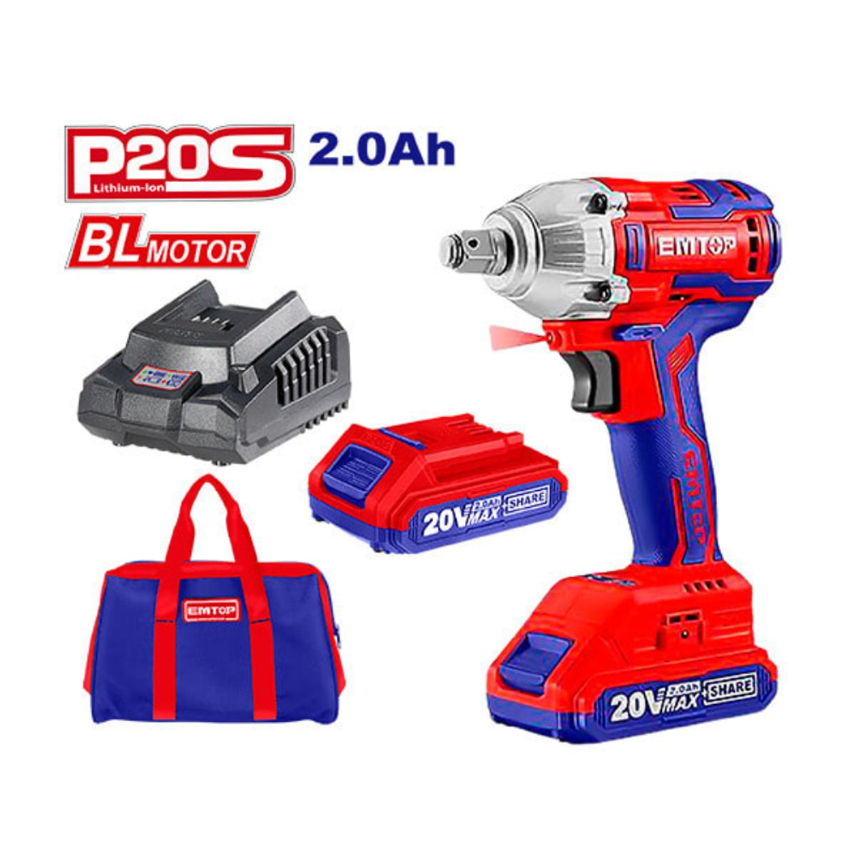 EMTOP - LLAVE DE IMPACTO 1/2" 20V  INC 2 BAT 2.0AH + SIERRA CIRCULAR  6.5"