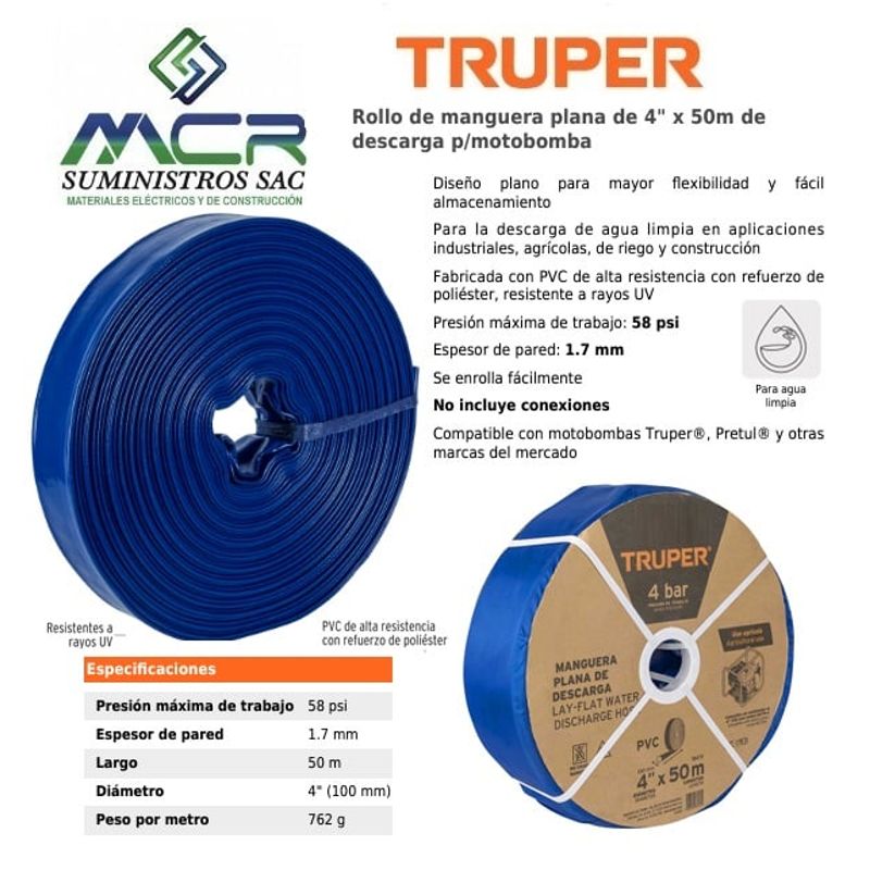 TRUPER - manguera plana de desarga 4 pulgadas x 50m para motobomba truper
