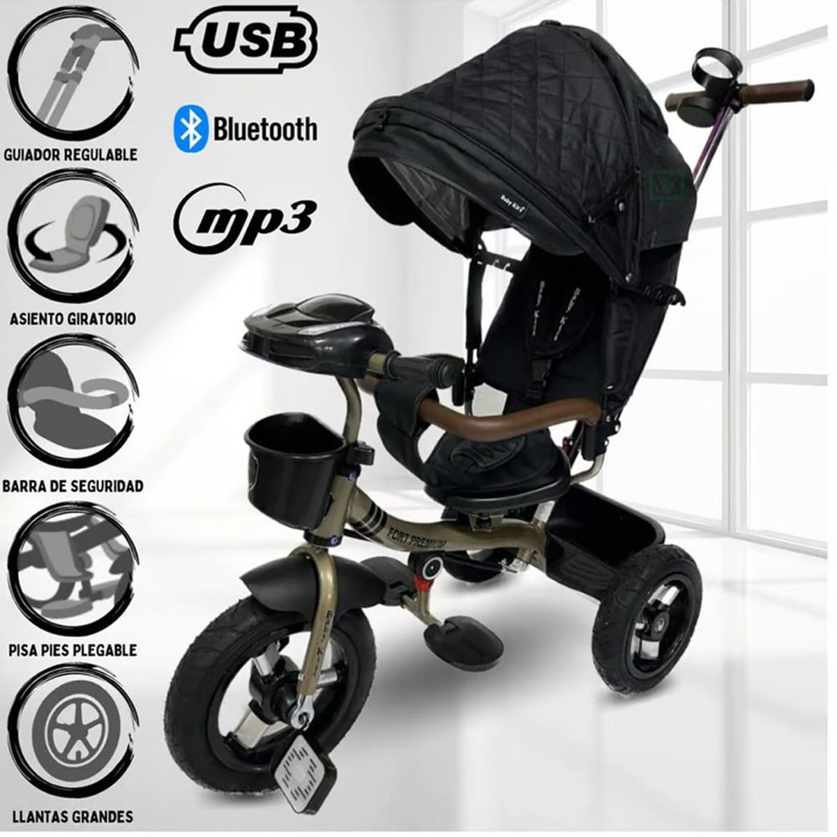 BABY KITS - Triciclo Guiador 3 en 1 «FORT PREMIUM» USB Negro