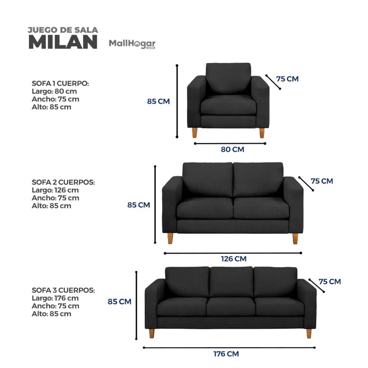 GENERICO - Juego de Sala Milan 3-2-1 Negro