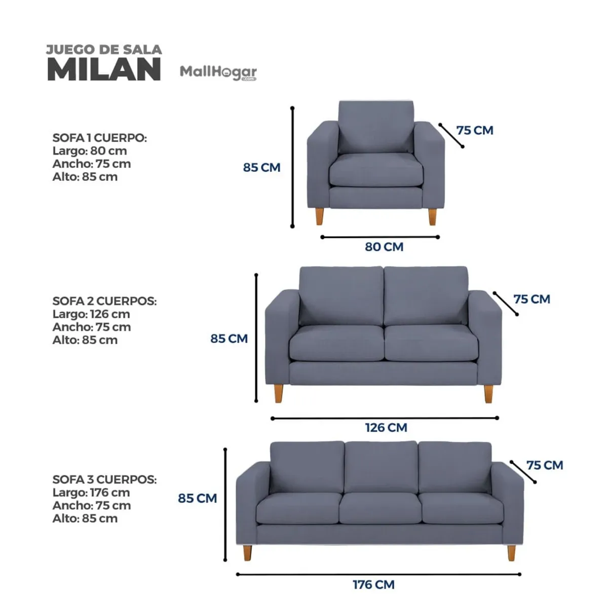 GENERICO - Juego de Sala Milan 3-2-1 Gris Oscuro