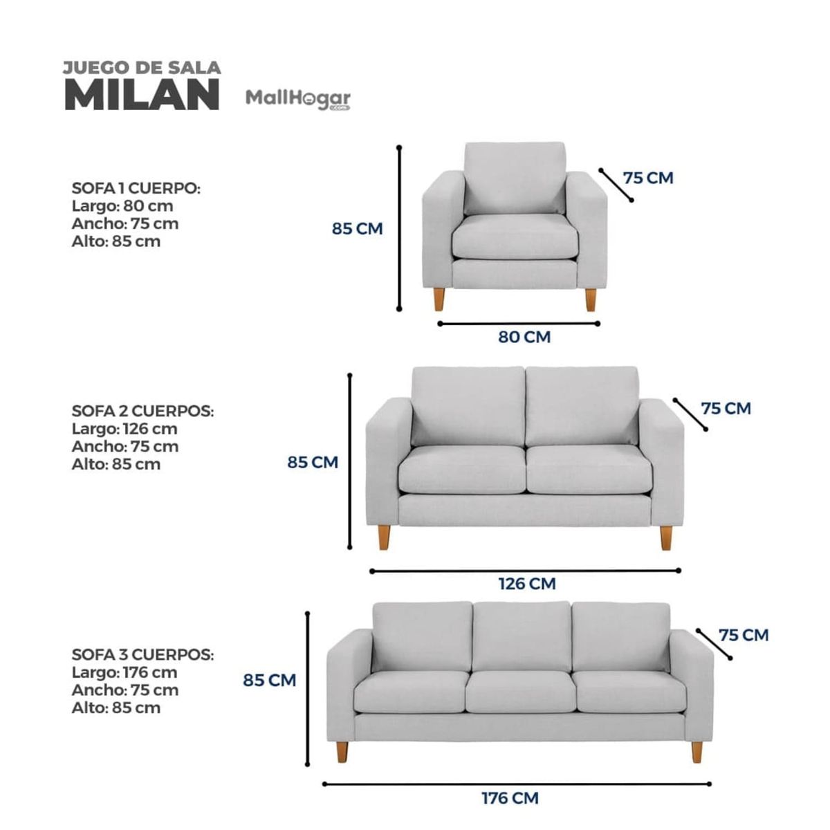 GENERICO - Juego de Sala Milan 3-2-1 Gris Plata
