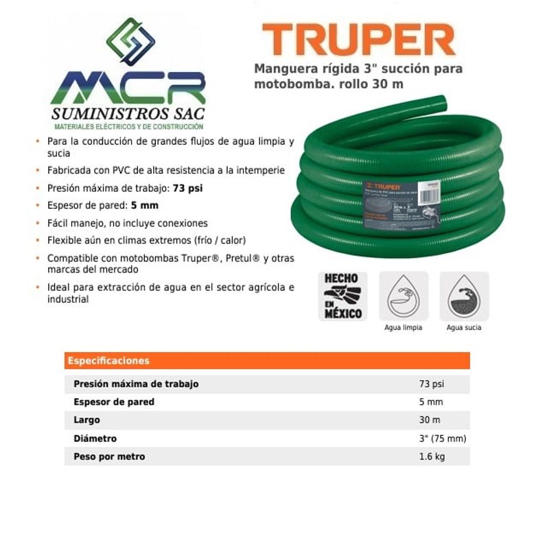 TRUPER - Manguera rigida de succion para motobomba 3 pulgadas rollo 30m TRUPER
