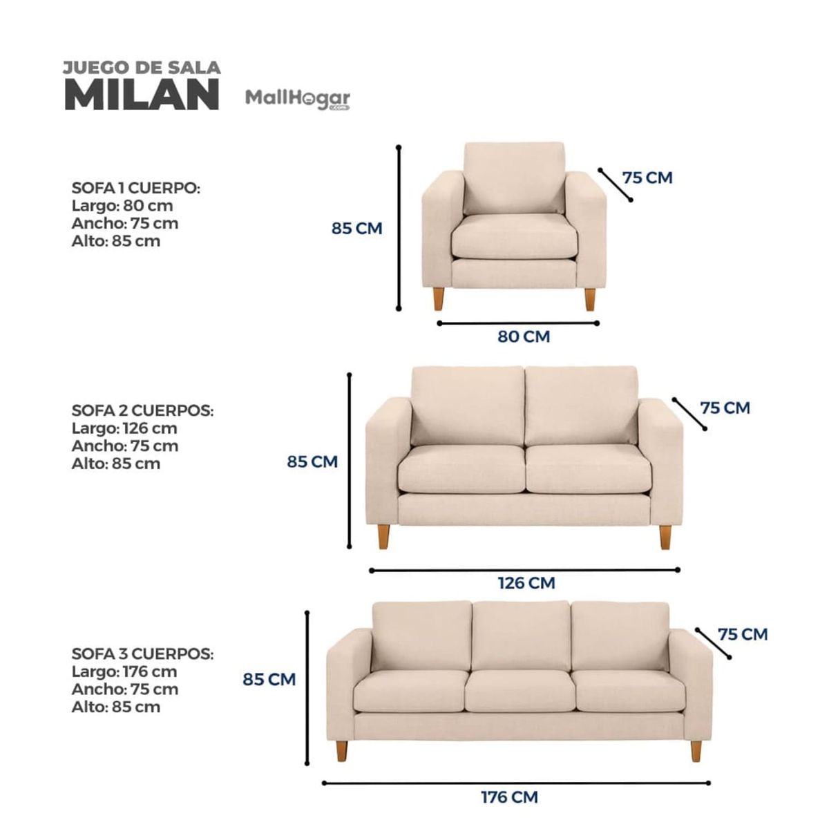 GENERICO - Juego de Sala Milan 3-2-1 Beige