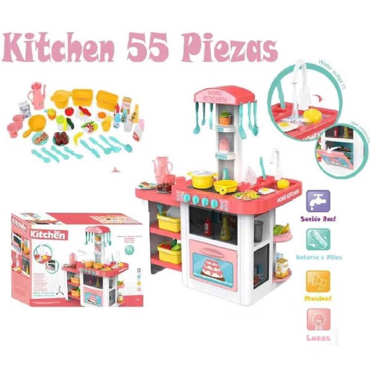GENERICO - Cocina de Juguete Con Agua Y Grifo Real 55 AccesoriosC