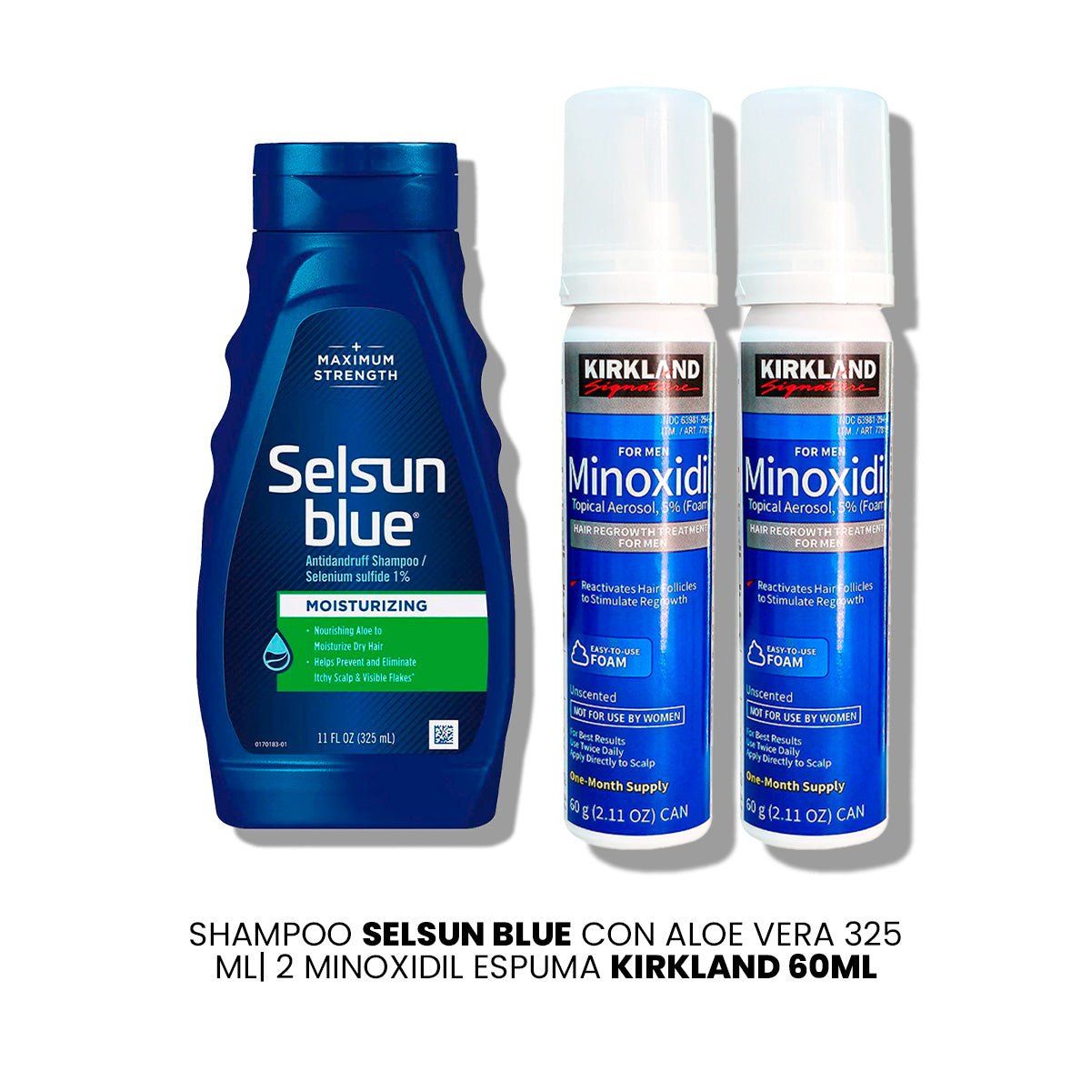 KIRKLAND - Shampoo Selsun Blue Con Aloe Vera 325 ml-2 Minoxidil Espuma Kirkland