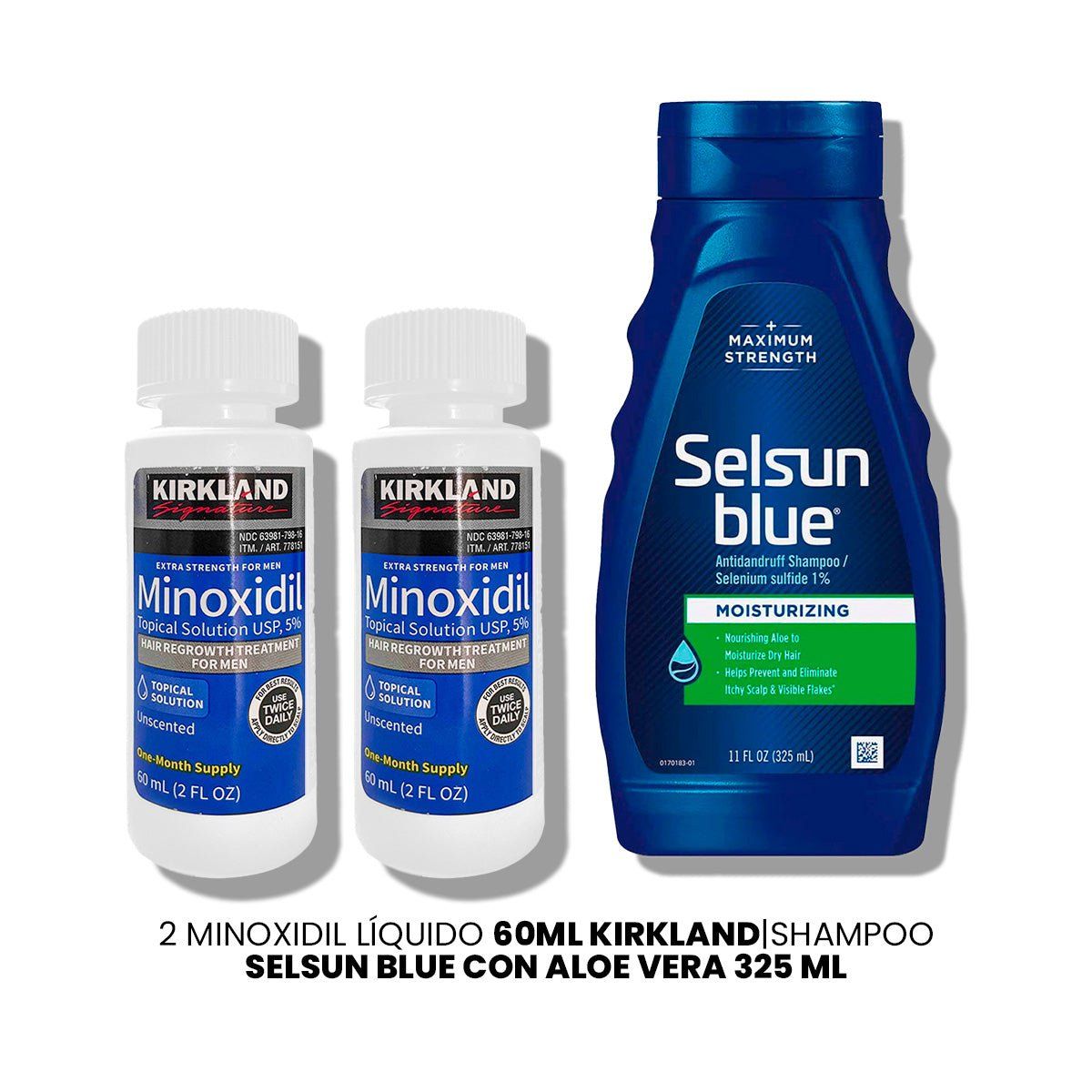 KIRKLAND - 2 Minoxidil Líquido Kirkland-Shampoo Selsun Blue Con Aloe Vera 325 ml