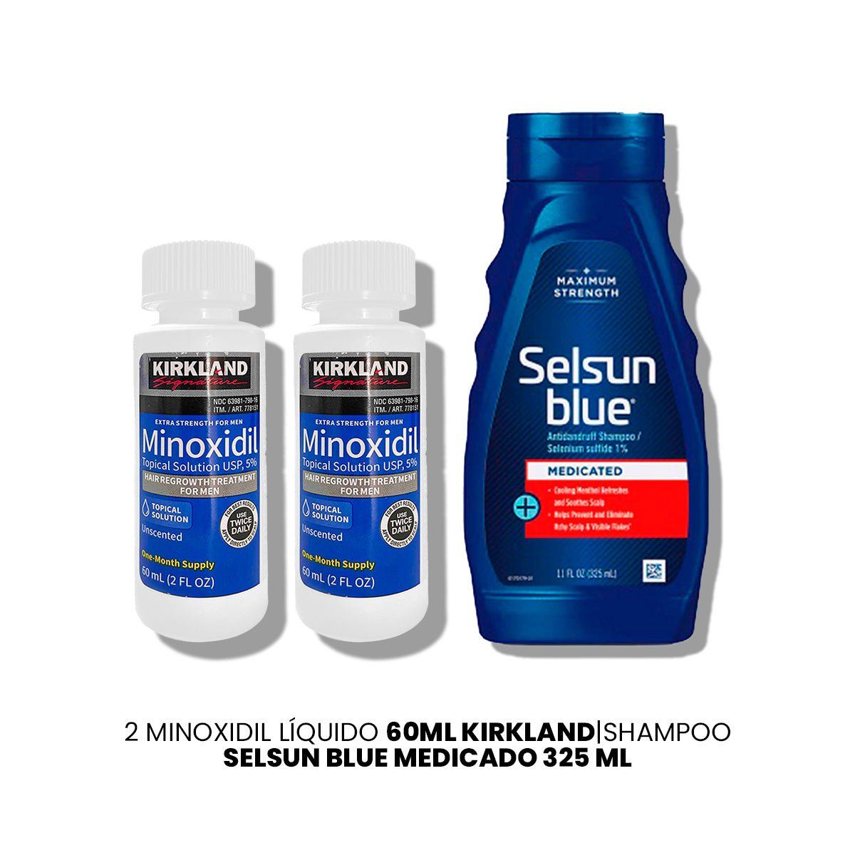 KIRKLAND - 2 Minoxidil Líquido Kirkland-Shampoo Selsun Blue Medicado 325ml