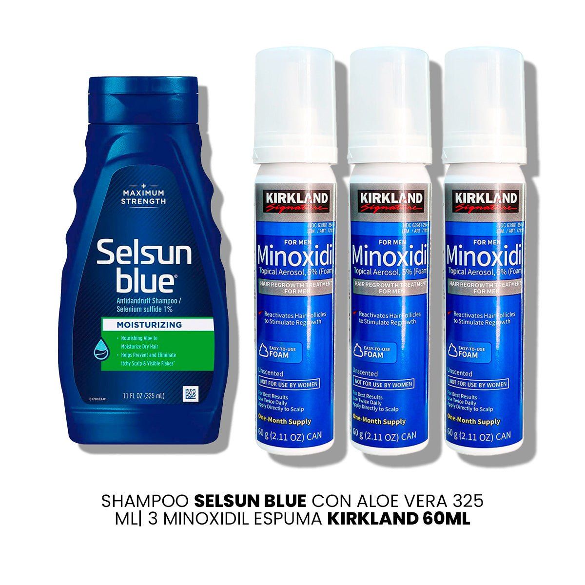 KIRKLAND - Shampoo Selsun Blue Con Aloe Vera 325 ml-3 Minoxidil Espuma Kirkland