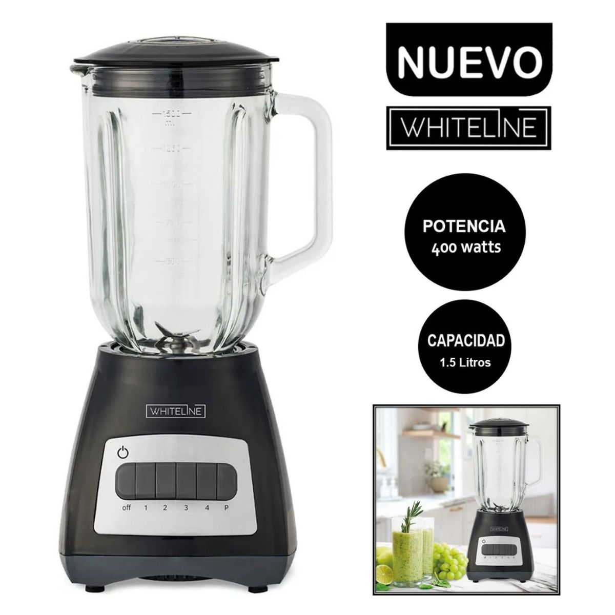 WHITELINE - LICUADORA WHITELINE 4 VELOCIDADES 400W NEGRA - P8903