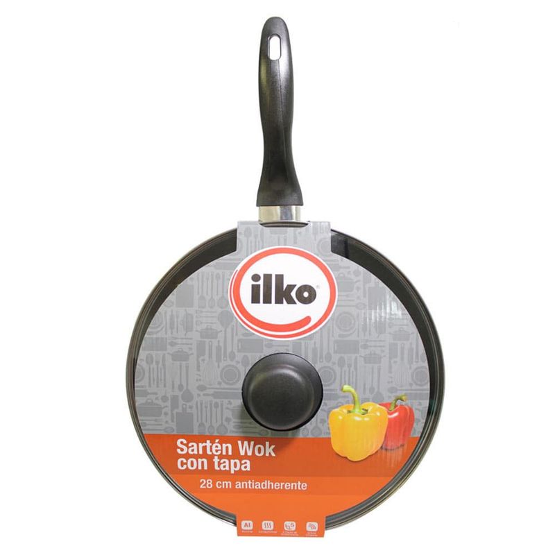 ILKO - Sarten Wok Antiadherente 28 cm Con Tapa De Vidrio