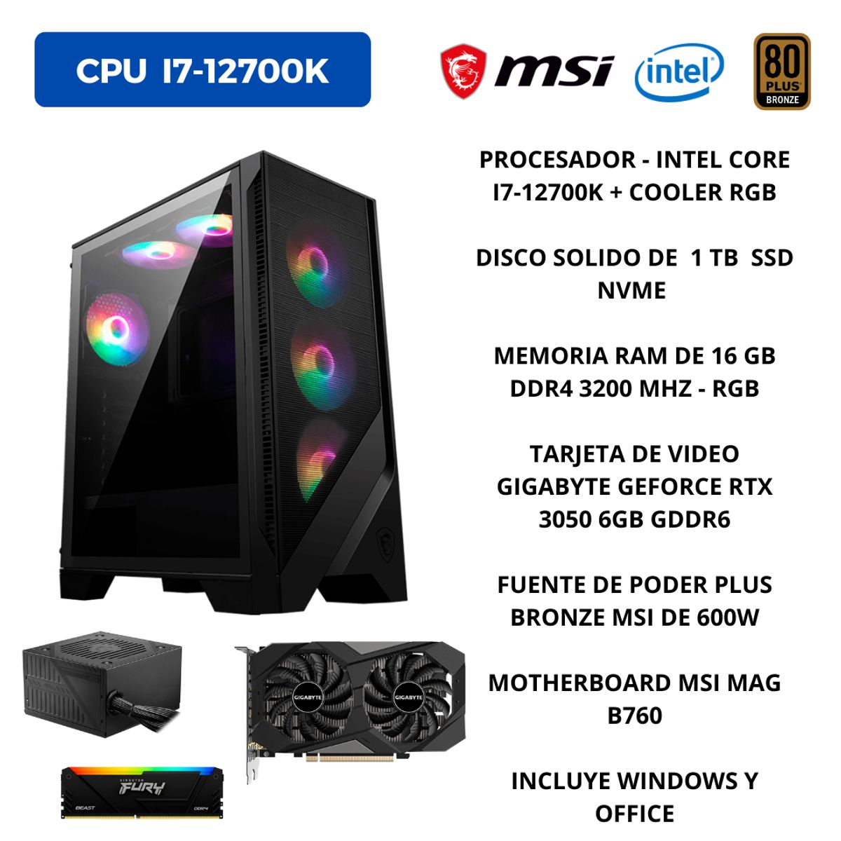 MSI - PC GAMER INTEL  I7-12700K, RAM 16 GB DDR4, 1 TB SSD, TARJETA  VIDEO 6 GB