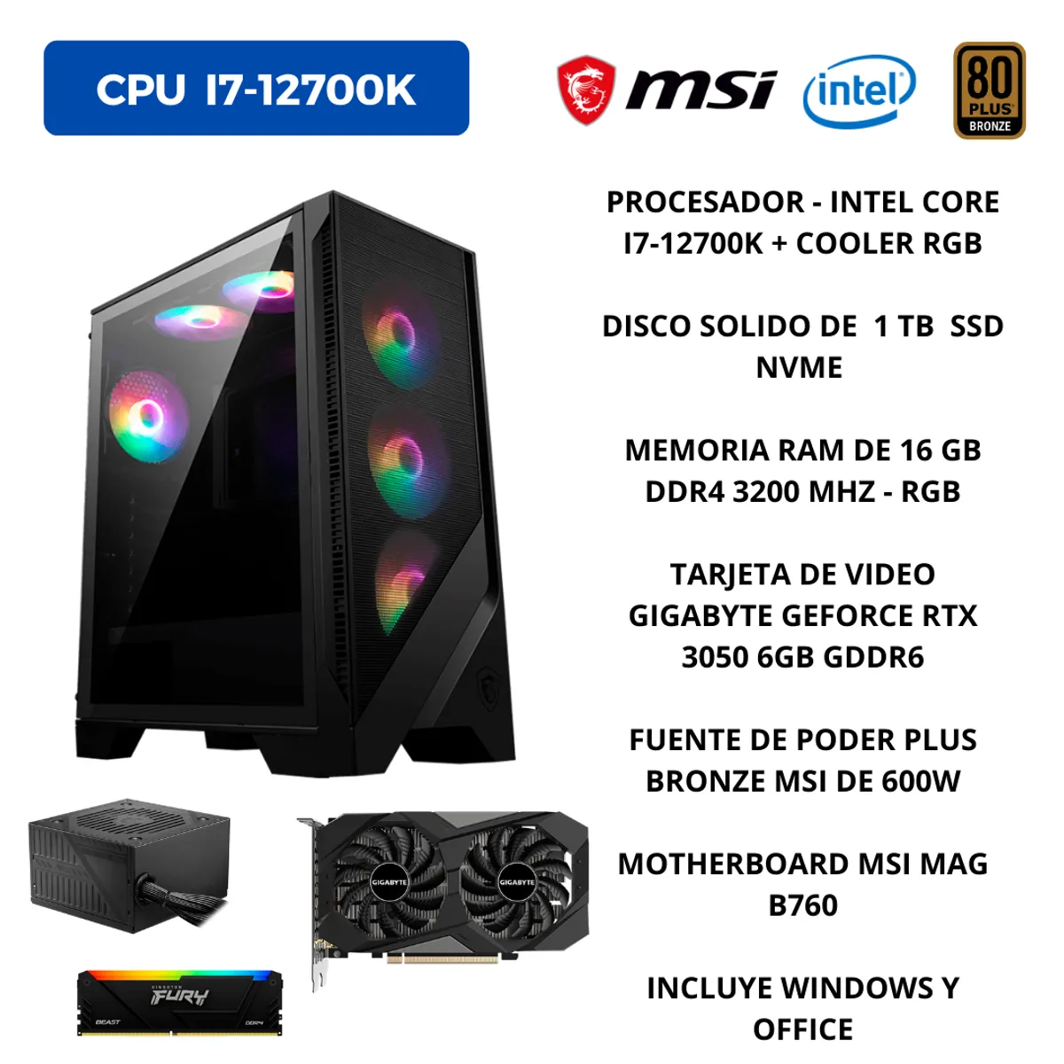 MSI - PC GAMER INTEL  I7-12700K, RAM 16 GB DDR4, 1 TB SSD, TARJETA  VIDEO 6 GB