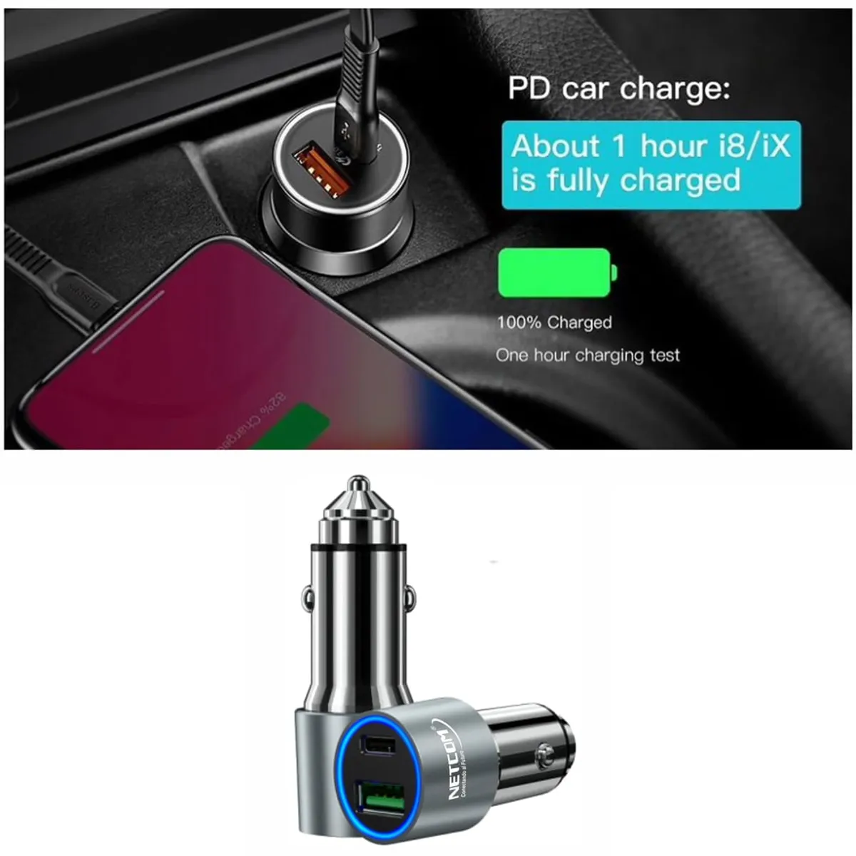 NETCOM - Cargador para Auto 1 USB QC3.0 1 TIPO C NETCOM 3.4A 12V 24V C RAPIDA