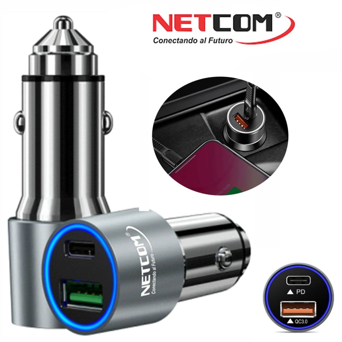 NETCOM - Cargador para Auto 1 USB QC3.0 1 TIPO C NETCOM 3.4A 12V 24V C RAPIDA