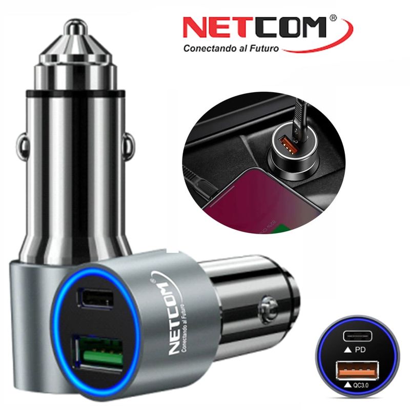 NETCOM - Cargador para Auto 1 USB QC3.0 1 TIPO C NETCOM 3.4A 12V 24V C RAPIDA