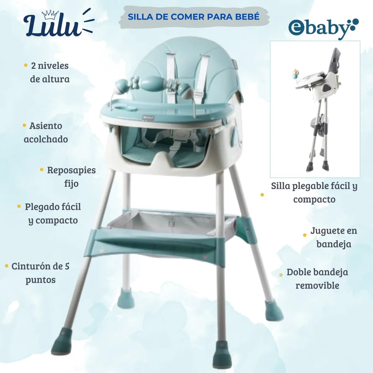 EBABY - Silla de comer para bebé LULU VERDE con platito gratis