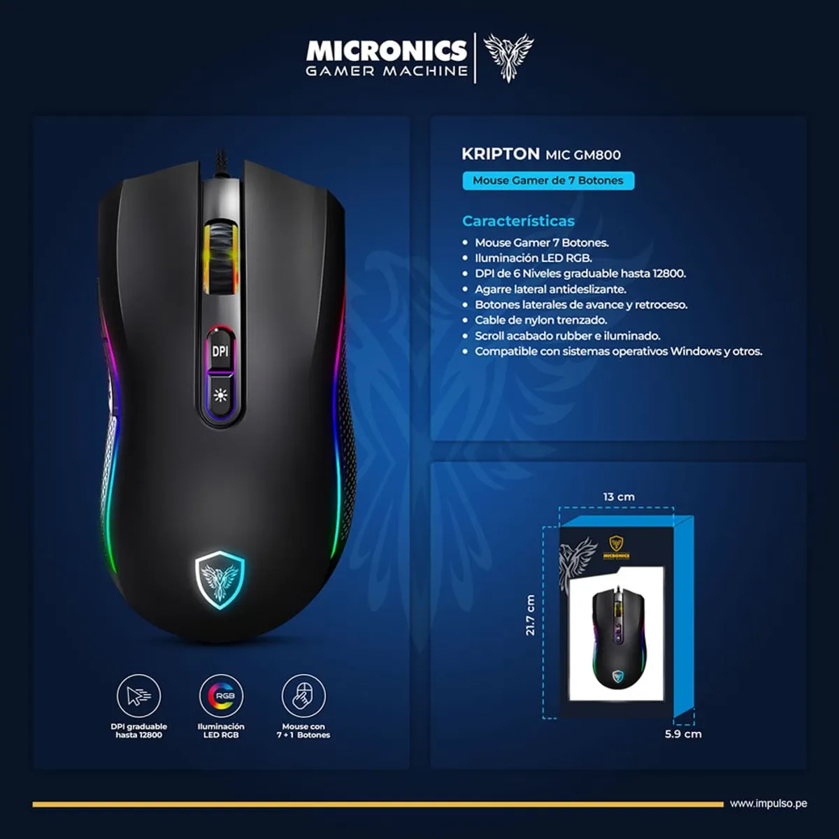 MICRONICS - Mouse Gamer Kripton MIC GM800 Negro