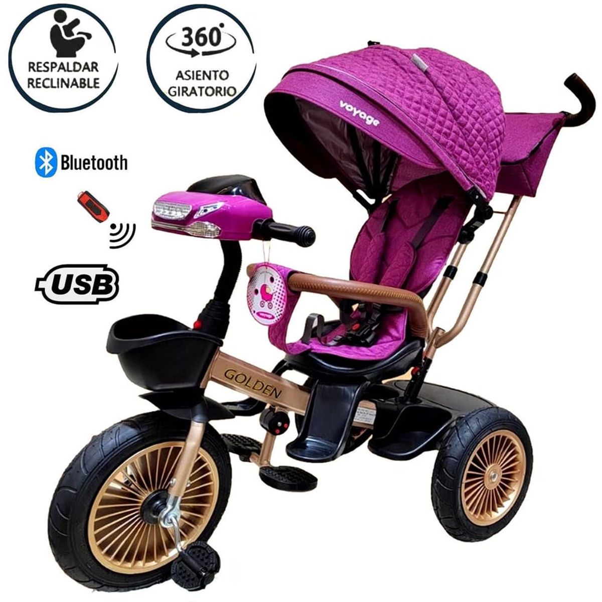 VOYAGE - Triciclo Asiento Giratorio Voyage GOLDEN con Tela UV Fucsia