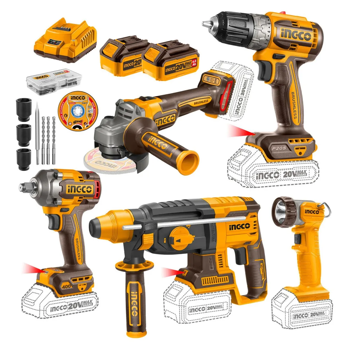 INGCO TOOLS - Combo 5 en 1 - Taladro + llave de impacto + amoladora + rotomartillo + linterna Ingco