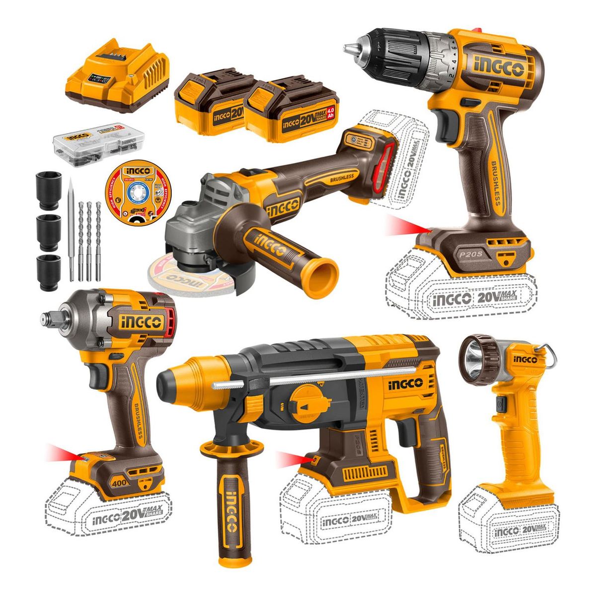 INGCO TOOLS - Combo 5 en 1 - Taladro + llave de impacto + amoladora + rotomartillo + linterna Ingco