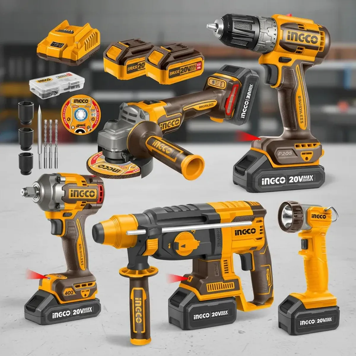 INGCO TOOLS - Combo 5 en 1 - Taladro + llave de impacto + amoladora + rotomartillo + linterna Ingco