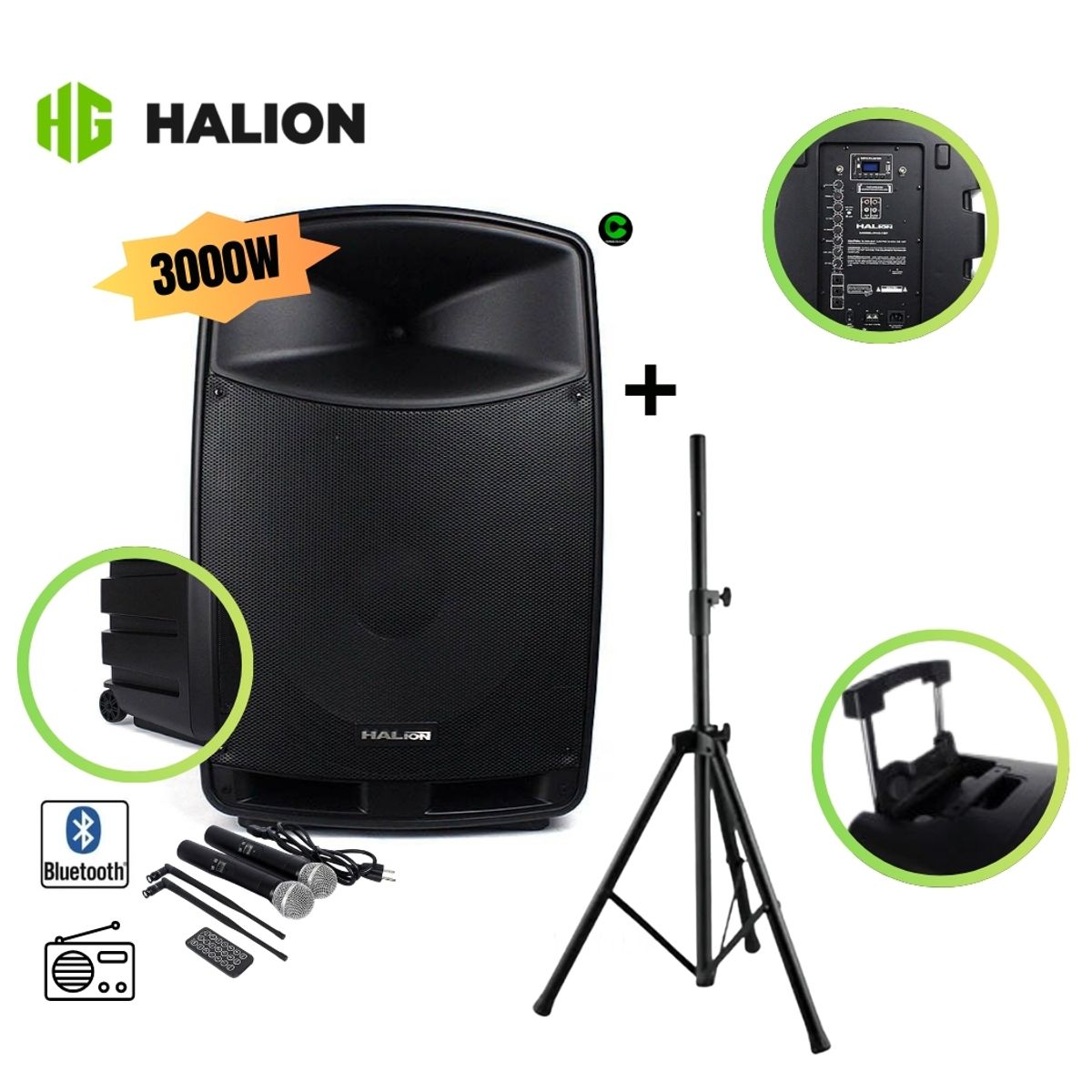 HALION - Parlante activo 15 halion PHA-15F 2UHF - 3000W + TRIPODE
