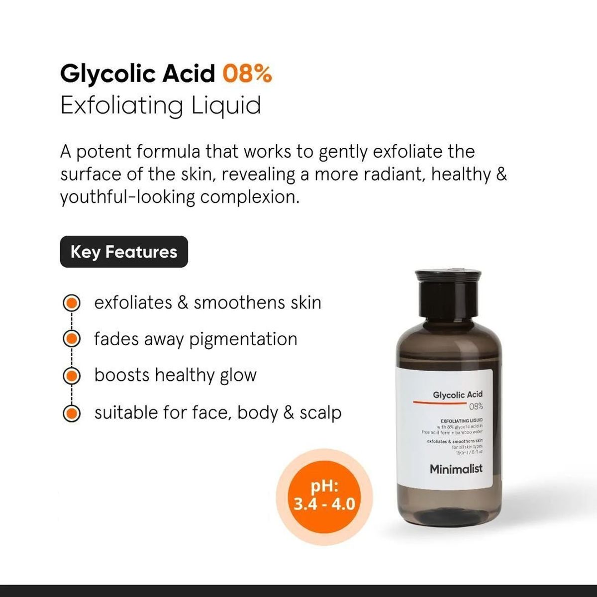 MINIMALIST - Exfoliante Liquido Facial Glycolic Acid 08 150ml Minimalist